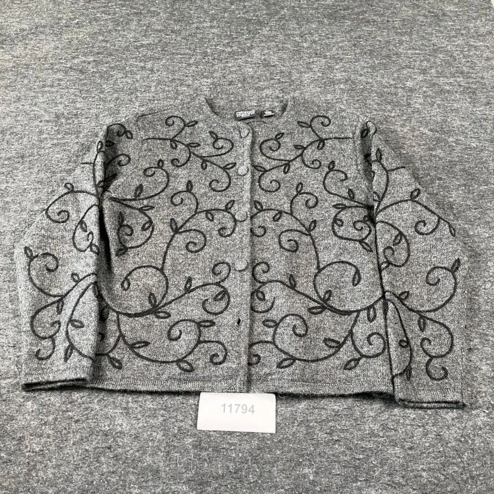 Embroidered Wool Rebecca Malone Cardigan Womens Petite M Gray Floral
